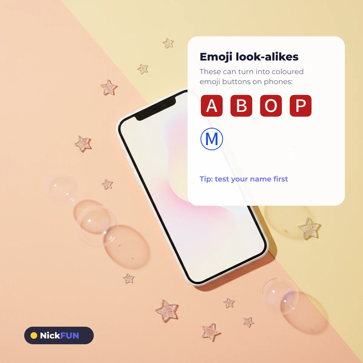 Bubble letters that can turn into emoji on phones: A, B, O, P and M
