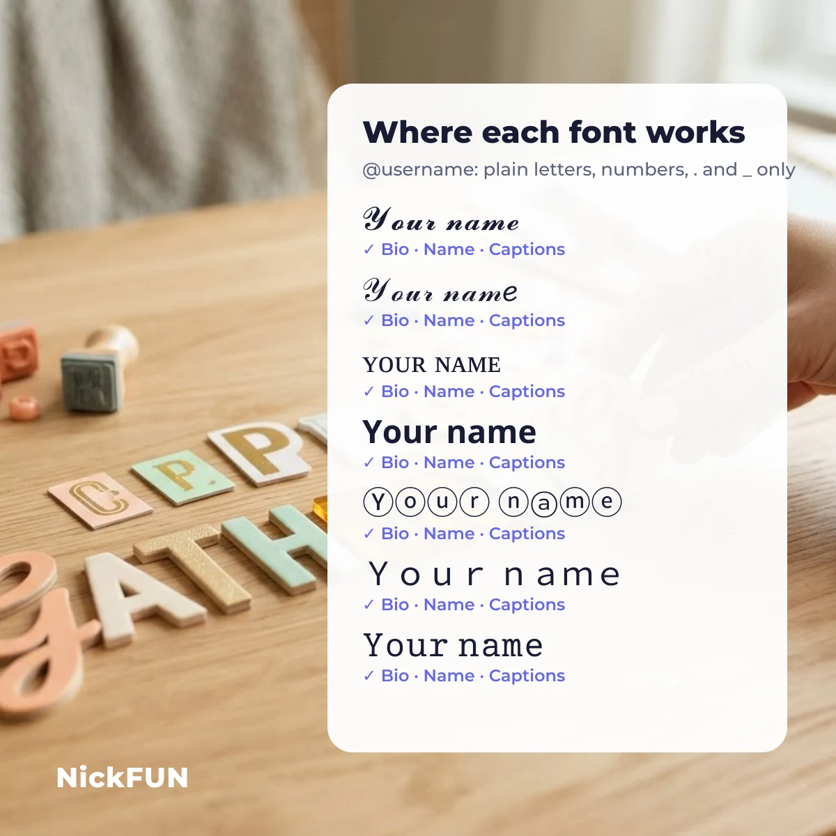 Instagram font styles and where they work: bio, name field and captions